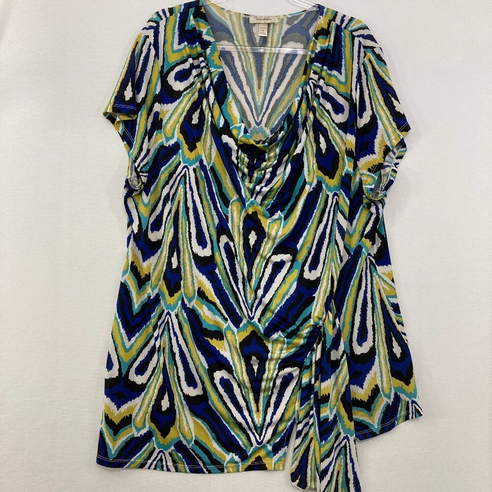 Dressbarn size 3X Blue Green Cowl Neck Stretch Knit Artsy Asymmetric Blouse